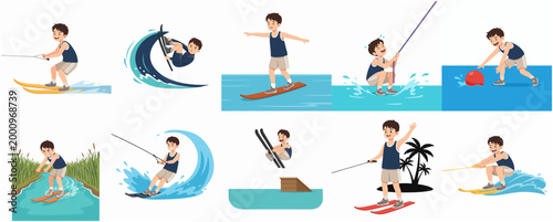 Set of Flat Illustrations Featuring a Boy Water Skiing and Enjoying Various Summer Water Sports Activities