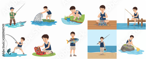 Set of cartoon illustrations of a young boy fishing in various outdoor scenarios, featuring catching fish with a rod and net, preparing gear, and holding a trophy catch.