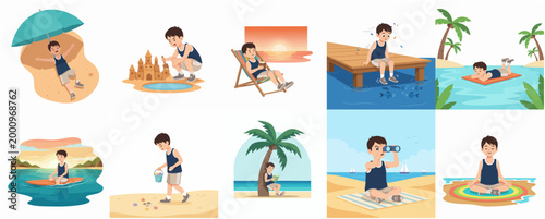 Cute Boy Character Set of Summer Beach Activities and Vacation Illustrations