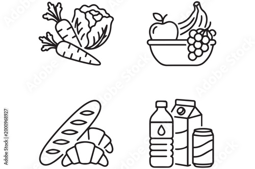Healthy food collection fruits vegetables bread and beverages in line art