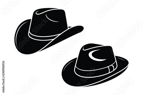 Cowboy hat and fedora hat silhouette icons with illustration headwear isolated