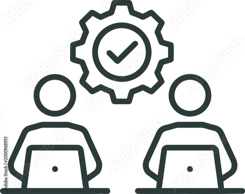 Teamwork, business partnership, gear icon, laptop collaboration, workflow optimization
