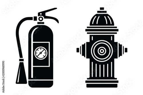 Fire extinguisher and fire hydrant silhouette icons with extinguisher, emergency