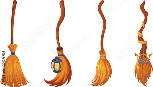 Cartoon broomstick designs featuring lantern and ornate enchanted details