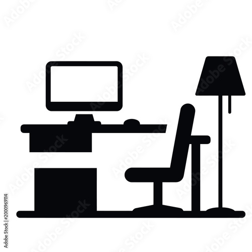 Minimalist office workspace silhouette, desk with drawers, computer monitor on top, office chair beside desk, floor lamp, solid black shapes, side view, clean vector style, no details or texture, isol