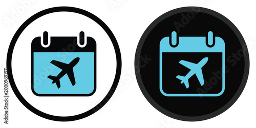 Travel calendar icon set, airplane symbol inside calendar with outline and solid styles in circular frames for booking and trip planning vector design.