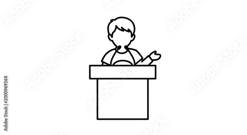 Simple line art illustration of a person speaking from a podium.