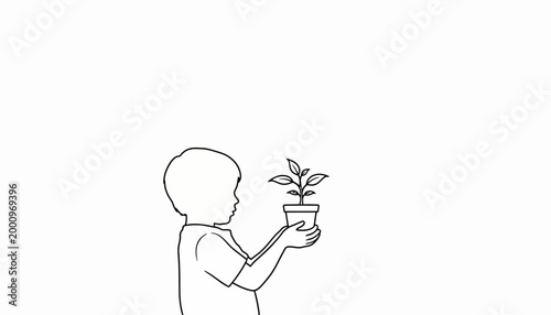 A young child holding a small potted plant in a simple line drawing style.