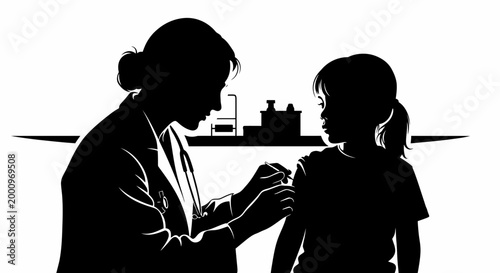 Silhouette illustration of a female doctor vaccinating a young girl.