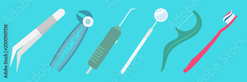 Colorful Flat Style Dental Care and Oral Hygiene Illustration Collection Set on Blue Background