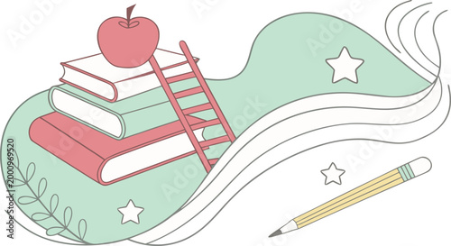 Stack of school books with a red apple a ladder and a pencil for education design