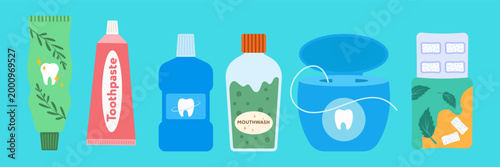Colorful Flat Style Dental Care and Oral Hygiene Illustration Collection Set on Blue Background