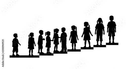 Silhouette illustration of children growing up in height order.