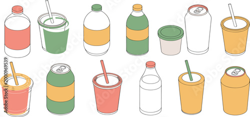 Large collection of beverage containers including soda cans plastic bottles coffee cups with straws and juice jars vector isolated on white backgroundPrint