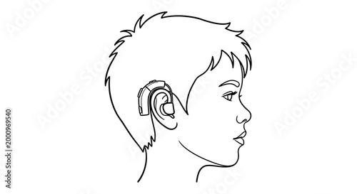 Line art illustration of a child wearing a hearing aid device.