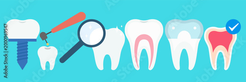 Colorful Flat Style Dental Care and Oral Hygiene Illustration Collection Set on Blue Background