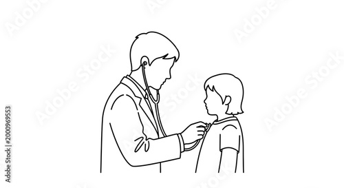 A line art illustration of a doctor examining a young child with a stethoscope.