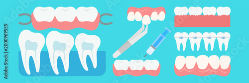 Colorful Flat Style Dental Care and Oral Hygiene Illustration Collection Set on Blue Background