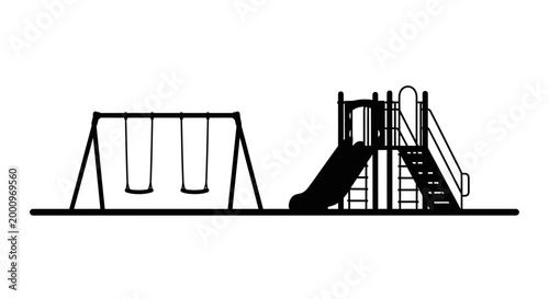 Black and white silhouette illustration of a playground set.