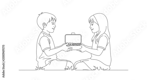 A young boy and girl sharing a lunchbox together as a line drawing.