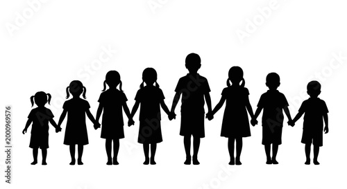 Black silhouettes of diverse group of children holding hands.
