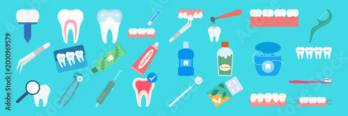 Colorful Flat Style Dental Care and Oral Hygiene Illustration Collection Set on Blue Background