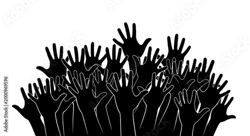 Silhouette of many hands raised up in a crowd isolated on white.