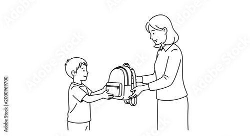 A mother helping her young son with his school backpack.