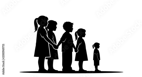 Silhouette of diverse children standing in a row holding hands.