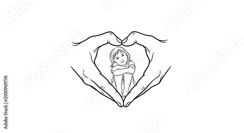 Line art illustration of hands forming a heart shape around a lonely child.