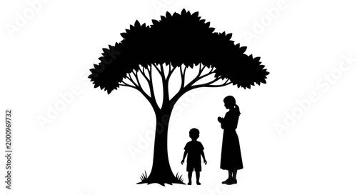 Silhouette illustration of a mother and child standing under a large tree.