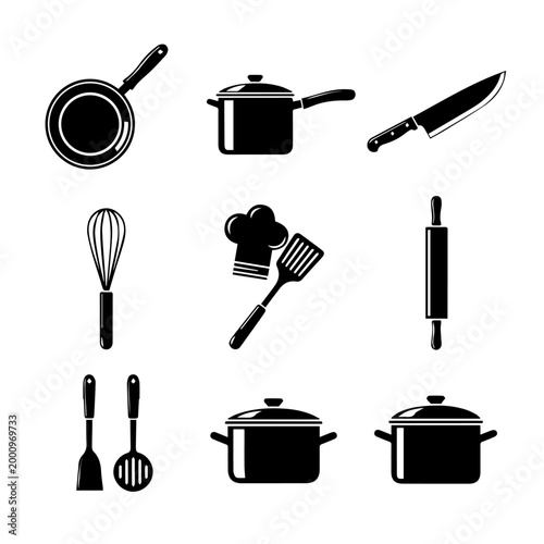 Kitchen utensil icon set with pots cups pans spoons forks knives and coffee tools for cooking and restaurant use