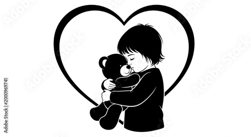A cute little child hugging a teddy bear with a heart background.