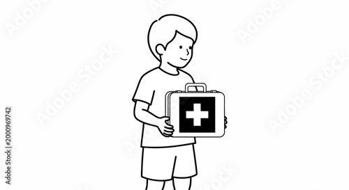 A black and white line art illustration of a young boy holding a first aid kit.