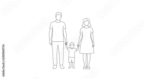 Minimalist continuous line drawing of a happy young family standing together.