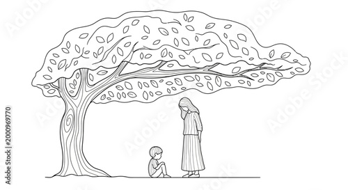 A woman standing and a child sitting under a large tree illustration.