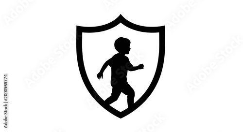 Black silhouette of a child running inside a shield emblem.