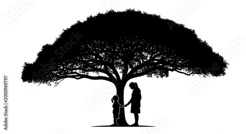 Silhouette of a mother and daughter standing under a large tree.