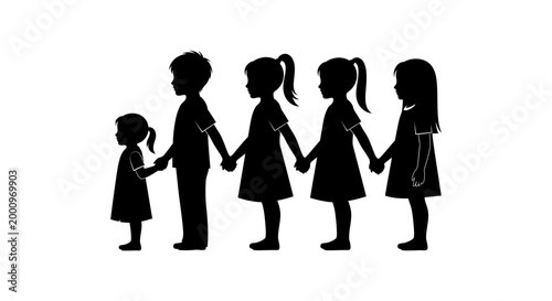 Silhouette of a diverse group of children holding hands in a line.