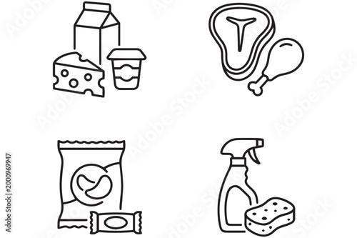Line drawing of food items and household cleaning products on a white background