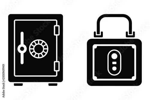 Safe and padlock silhouettes for security concept with security, protection