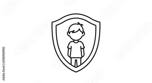 Minimalist line art icon of a young boy standing inside a protective shield symbol.