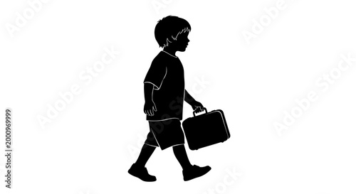 Silhouette of a young schoolboy walking while carrying a briefcase.