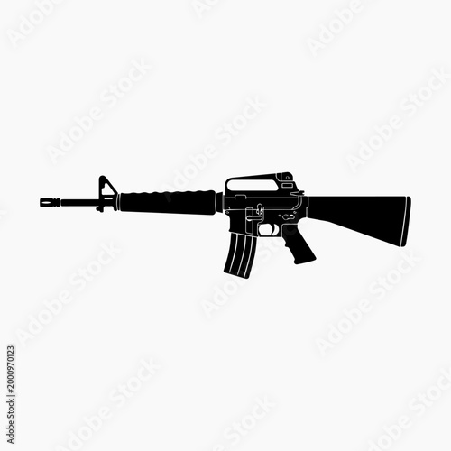 A high-quality black silhouette illustration of the iconic M16A2 assault rifle. This minimalist vector graphic features the classic fixed stock, carry handle, and ribbed handguard, making it perfect f