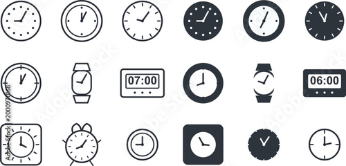 Clock and time icon collection. Wall clock, alarm and schedule symbol. Time management, punctuality and daily routine concept representing hours, minutes and timing system.