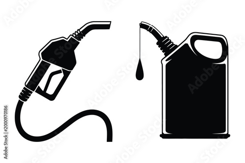 Black and white vector icons of a gas pump nozzle and jerrycan with jerrycan