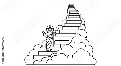 Angel climbing heaven stairs to god.