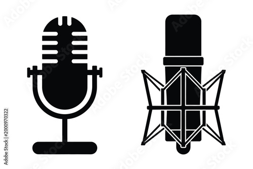 Vintage and modern microphones icons with microphone recording broadcasting