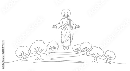 Jesus Christ standing on hill with trees.