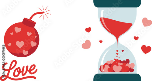 Love themed illustrations with heart bomb and romantic hourglass